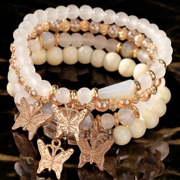 JEWELRYISMYTHING Jewelry - NEW Bohemian Style Multilayered Crystal Butterfly Pendant Bracelet ~ White #180